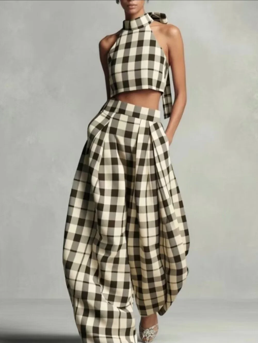 Retro Plaid Halter-Neck Cropped Top And Wide-Leg Lantern Pants Set. an Elegant